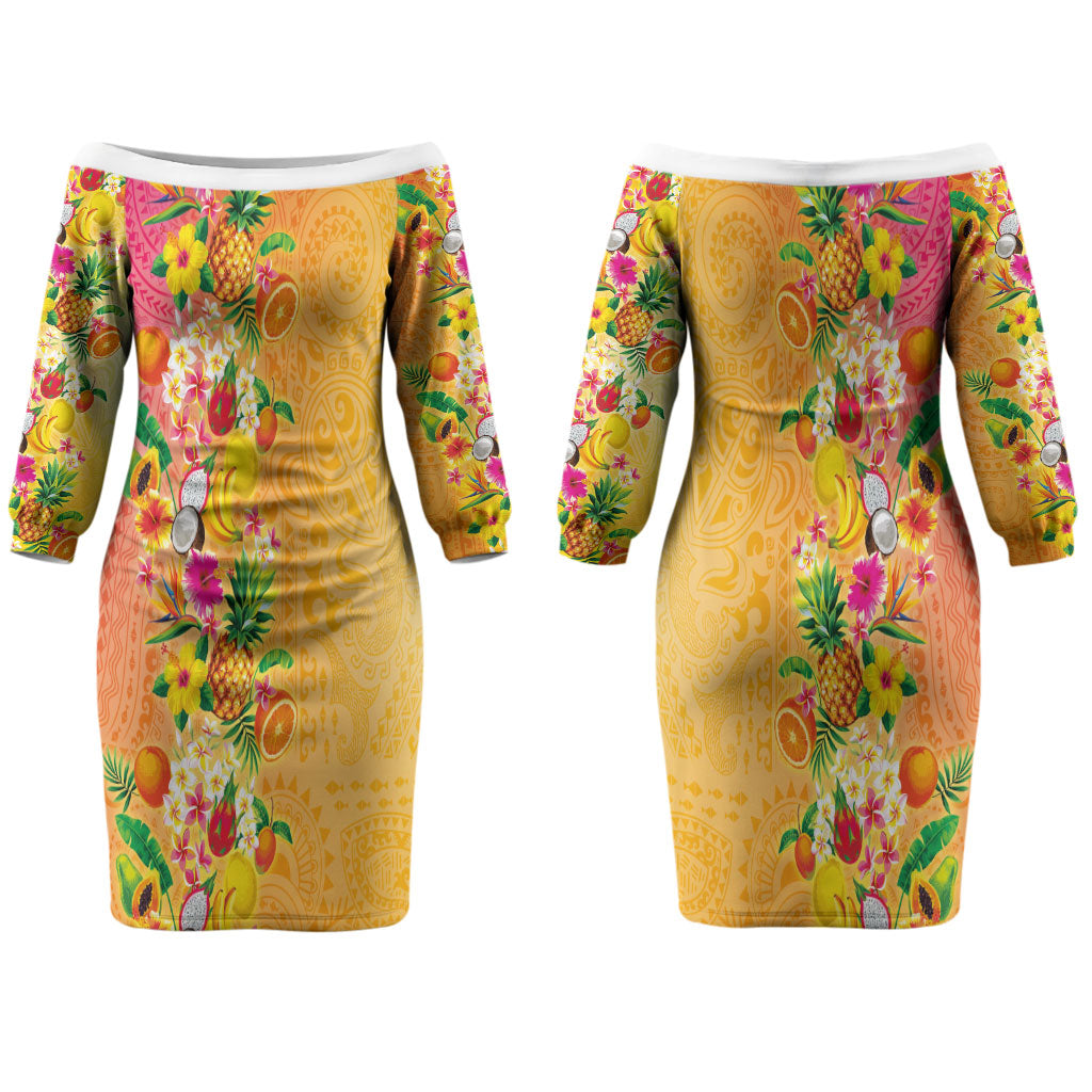 Hawaiian Tropical Fruits and Plants Couples Matching Off The Shoulder Long Sleeve Dress and Hawaiian Shirt Kakau Pattern Summer Vibe