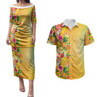 Hawaiian Tropical Fruits and Plants Couples Matching Puletasi and Hawaiian Shirt Kakau Pattern Summer Vibe