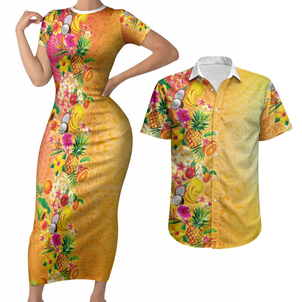 Hawaiian Tropical Fruits and Plants Couples Matching Short Sleeve Bodycon Dress and Hawaiian Shirt Kakau Pattern Summer Vibe LT03 Multicolor - Polynesian Pride