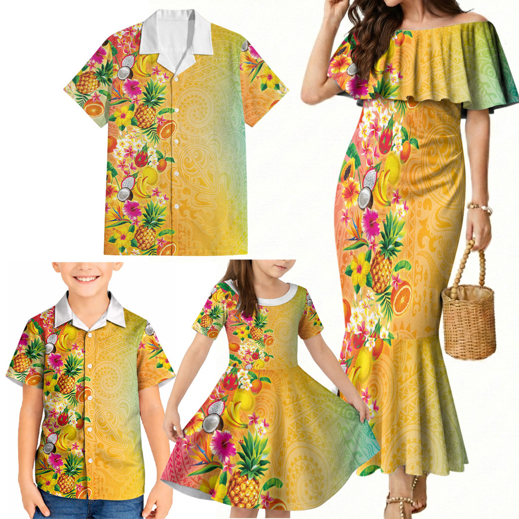 Hawaiian Tropical Fruits and Plants Family Matching Mermaid Dress and Hawaiian Shirt Kakau Pattern Summer Vibe LT03 - Polynesian Pride