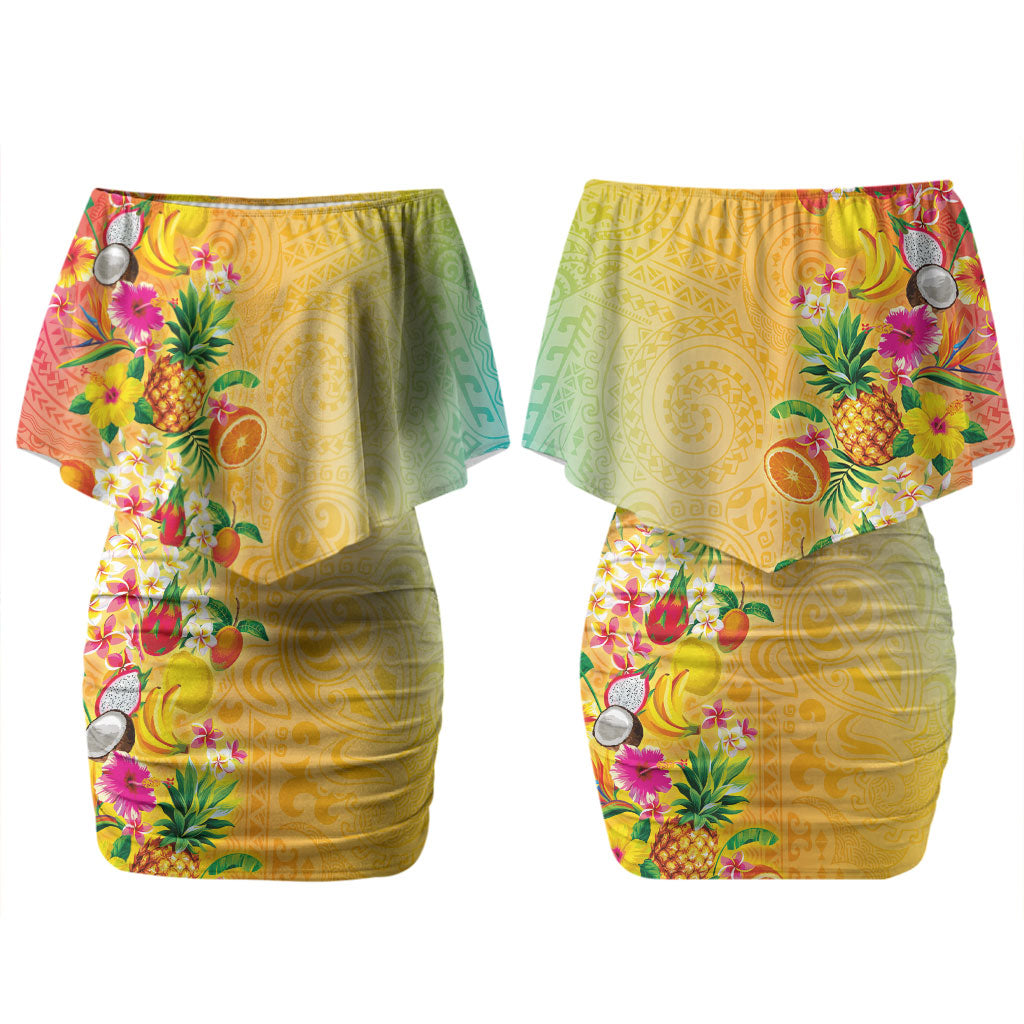 Hawaiian Tropical Fruits and Plants Family Matching Off Shoulder Short Dress and Hawaiian Shirt Kakau Pattern Summer Vibe