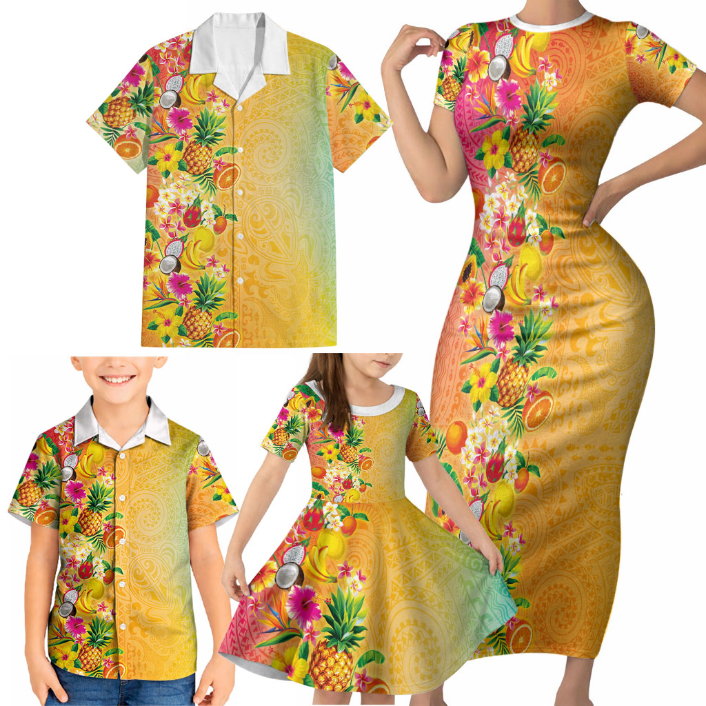 Hawaiian Tropical Fruits and Plants Family Matching Short Sleeve Bodycon Dress and Hawaiian Shirt Kakau Pattern Summer Vibe