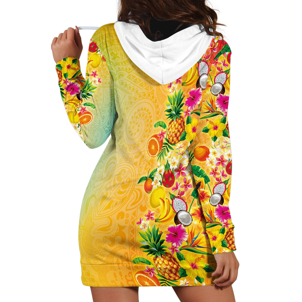 Hawaiian Tropical Fruits and Plants Hoodie Dress Kakau Pattern Summer Vibe