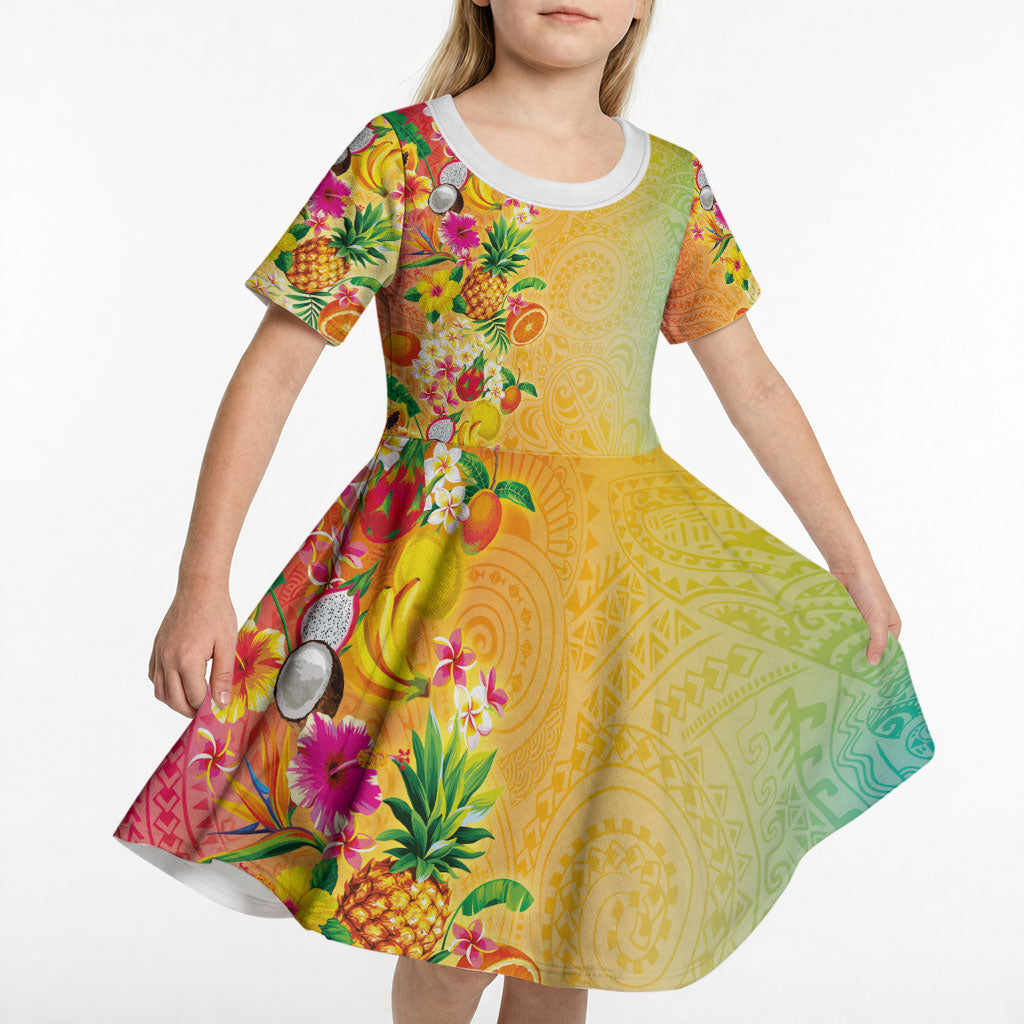 Hawaiian Tropical Fruits and Plants Kid Short Sleeve Dress Kakau Pattern Summer Vibe