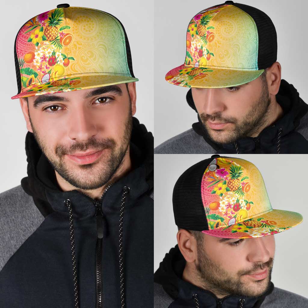 Hawaiian Tropical Fruits and Plants Mesh Trucker Cap Kakau Pattern Summer Vibe