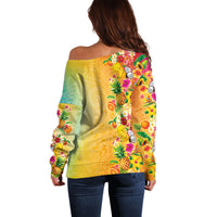 Hawaiian Tropical Fruits and Plants Off Shoulder Sweater Kakau Pattern Summer Vibe