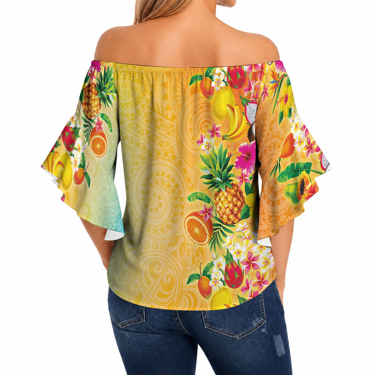 Hawaiian Tropical Fruits and Plants Off Shoulder Wrap Waist Top Kakau Pattern Summer Vibe LT03 - Polynesian Pride