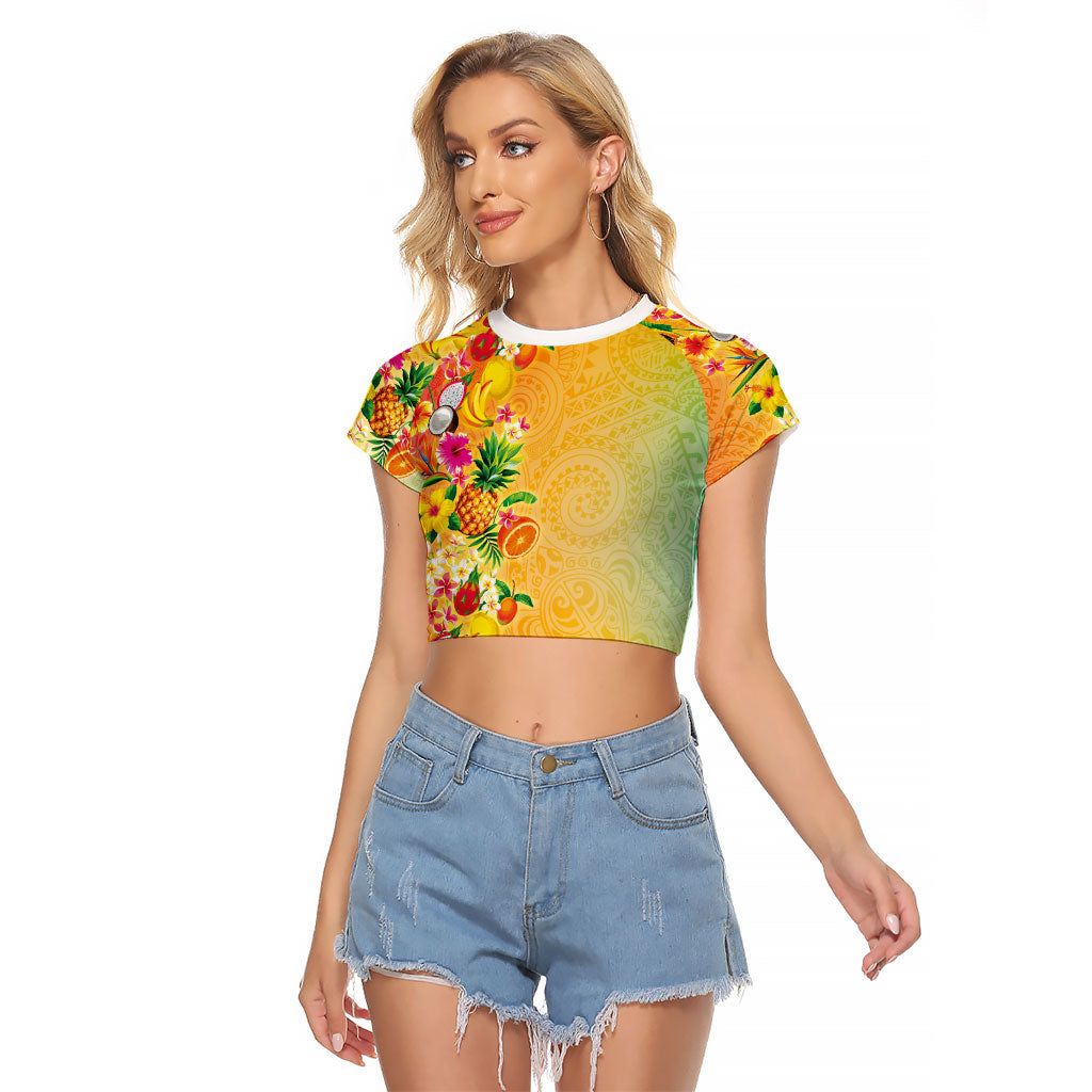 Hawaiian Tropical Fruits and Plants Raglan Cropped T Shirt Kakau Pattern Summer Vibe LT03 Female Multicolor - Polynesian Pride