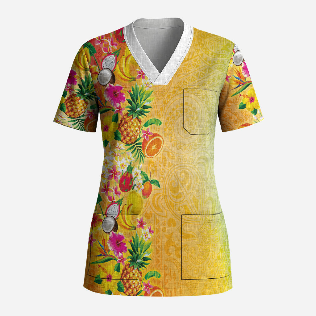 Hawaiian Tropical Fruits and Plants Scrub Top Kakau Pattern Summer Vibe LT03 Adult Multicolor - Polynesian Pride