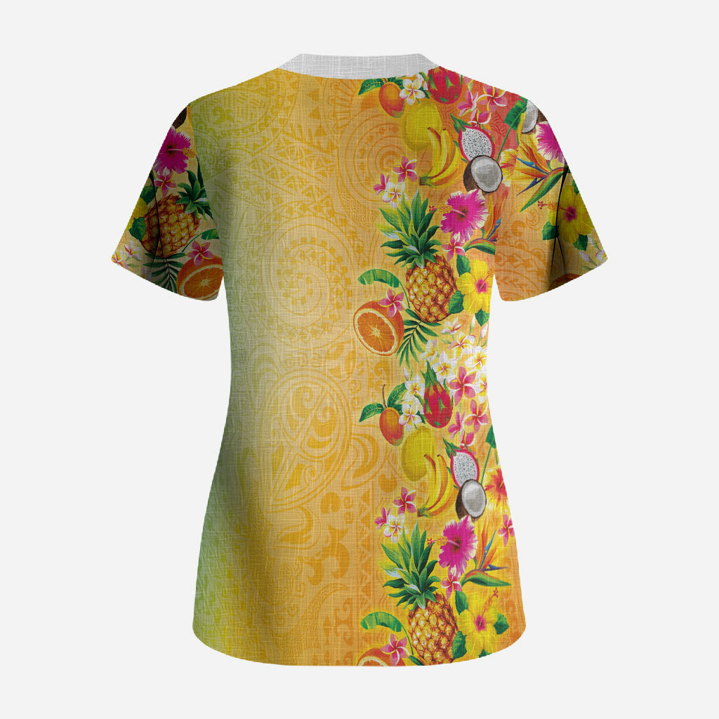 Hawaiian Tropical Fruits and Plants Scrub Top Kakau Pattern Summer Vibe
