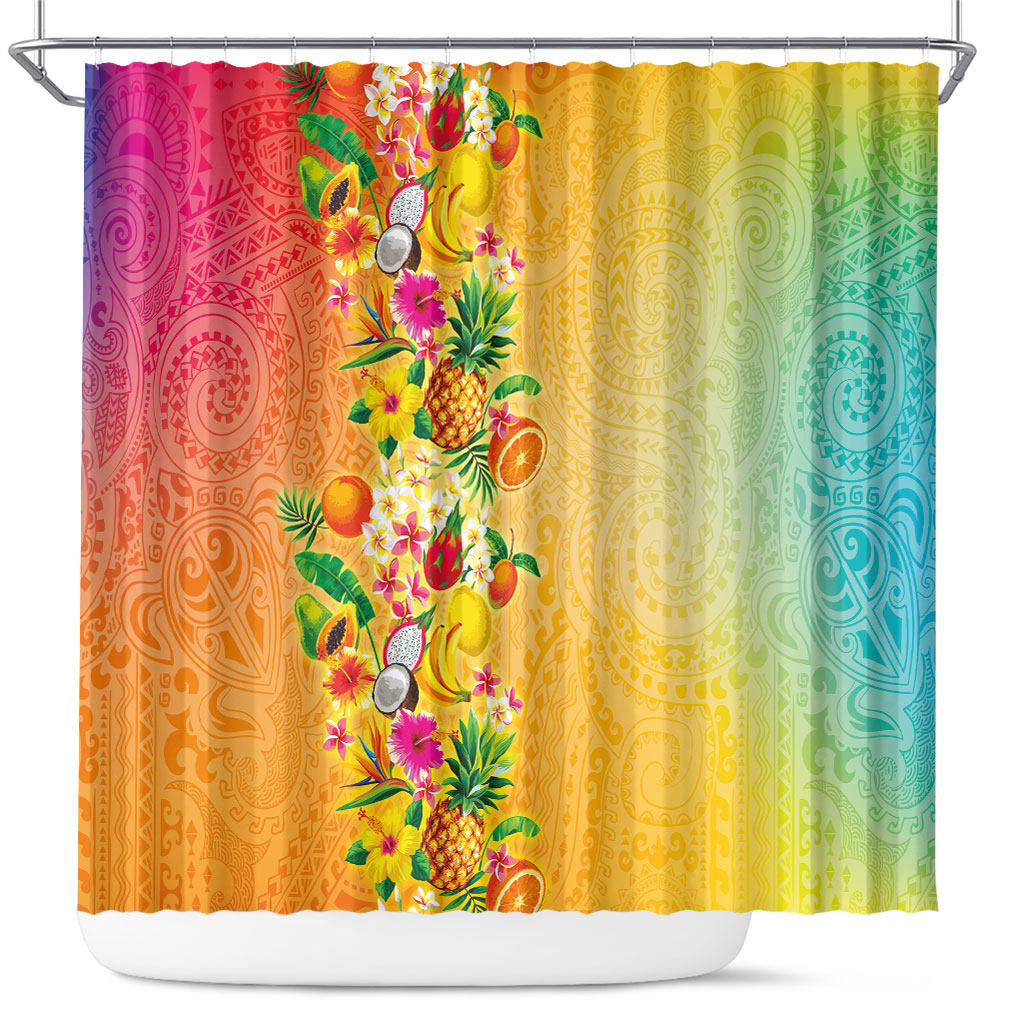 Hawaiian Tropical Fruits and Plants Shower Curtain Kakau Pattern Summer Vibe LT03 Multicolor - Polynesian Pride
