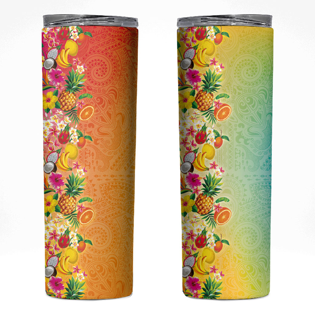 Hawaiian Tropical Fruits and Plants Skinny Tumbler Kakau Pattern Summer Vibe