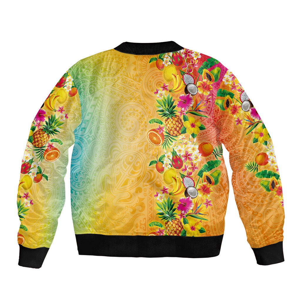 Hawaiian Tropical Fruits and Plants Sleeve Zip Bomber Jacket Kakau Pattern Summer Vibe