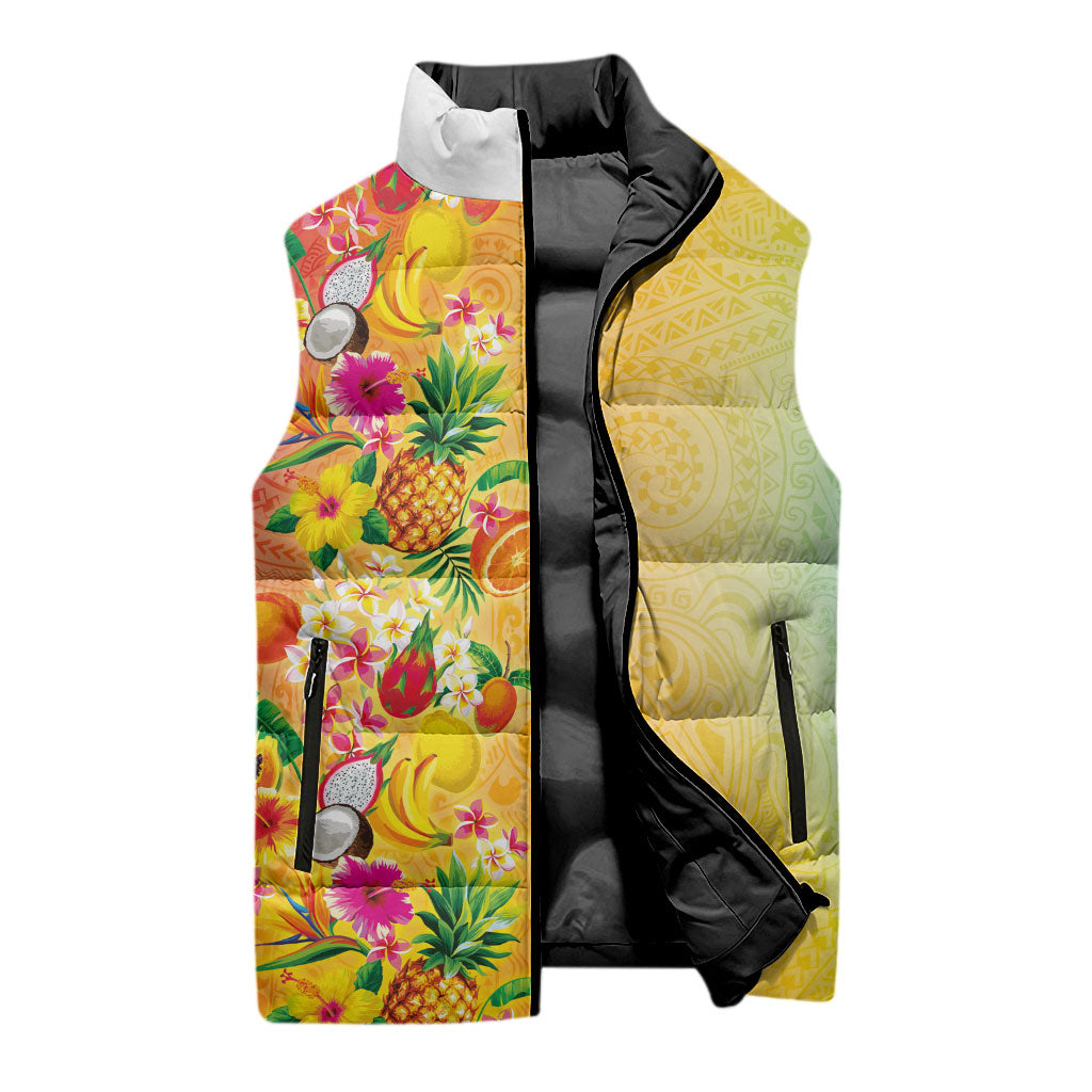 Hawaiian Tropical Fruits and Plants Sleeveless Puffer Jacket Kakau Pattern Summer Vibe