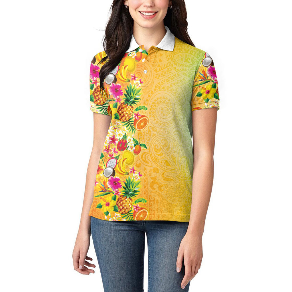 Hawaiian Tropical Fruits and Plants Women Polo Shirt Kakau Pattern Summer Vibe