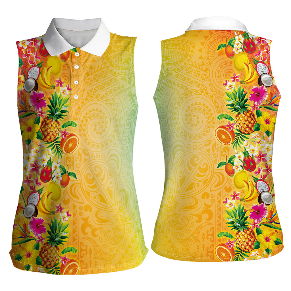 Hawaiian Tropical Fruits and Plants Women Sleeveless Polo Shirt Kakau Pattern Summer Vibe