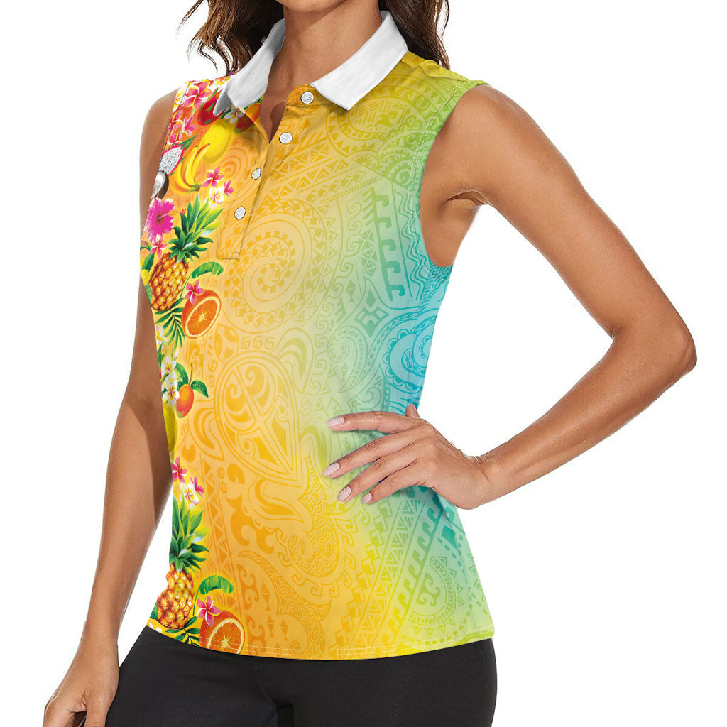 Hawaiian Tropical Fruits and Plants Women Sleeveless Polo Shirt Kakau Pattern Summer Vibe