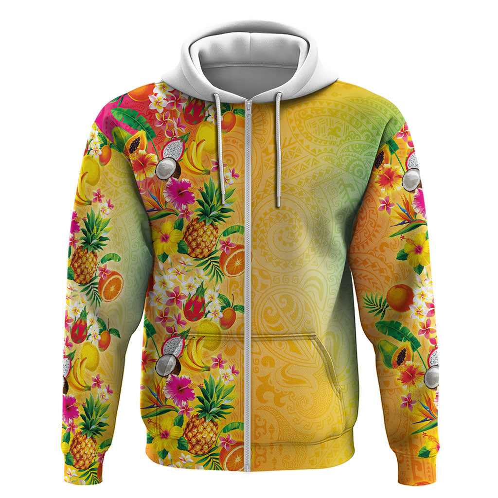 Hawaiian Tropical Fruits and Plants Zip Hoodie Kakau Pattern Summer Vibe LT03 Zip Hoodie Multicolor - Polynesian Pride