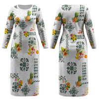 Hawaiian Quilts Couples Matching Long Sleeve Bodycon Dress and Long Sleeve Button Shirt Tropical Fruits and Plants