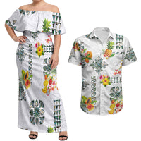 Hawaiian Quilts Couples Matching Off Shoulder Maxi Dress and Hawaiian Shirt Tropical Fruits and Plants