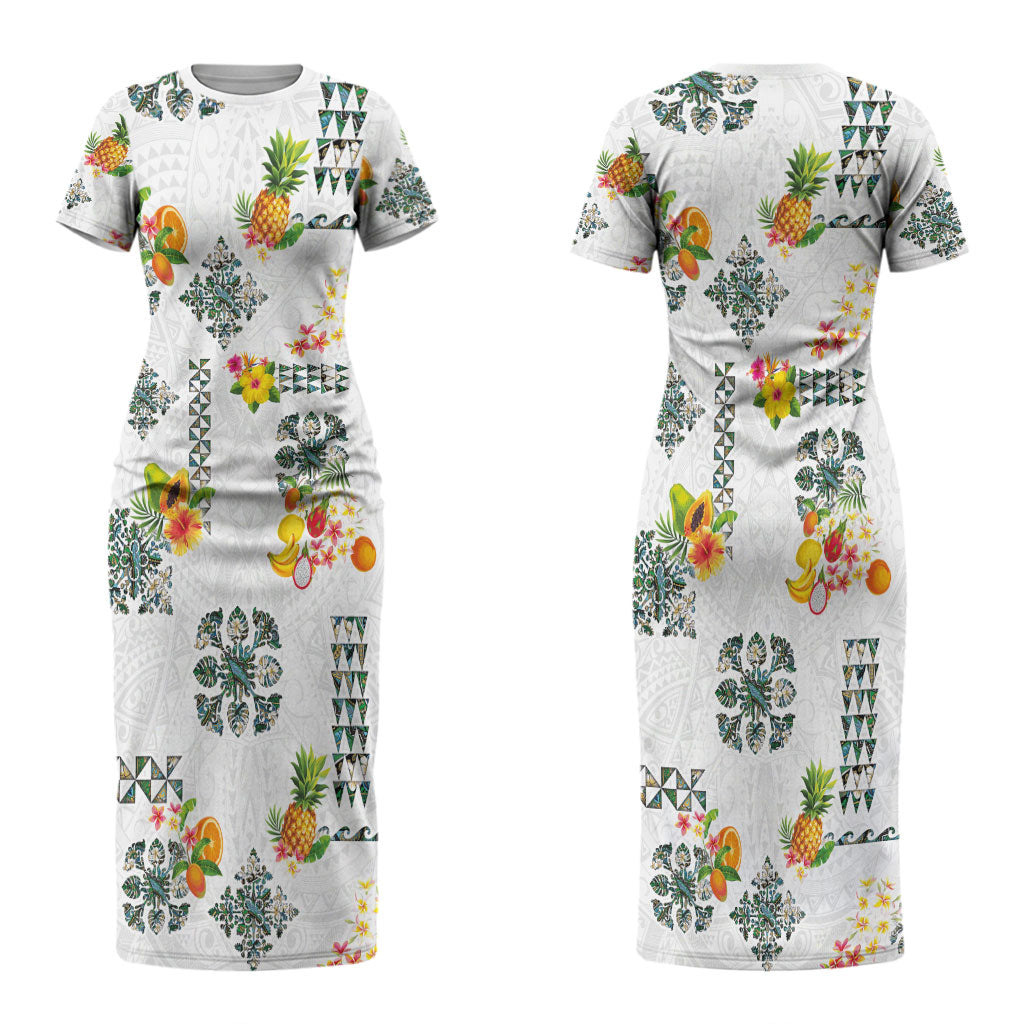 Hawaiian Quilts Couples Matching Short Sleeve Bodycon Dress and Long Sleeve Button Shirt Tropical Fruits and Plants