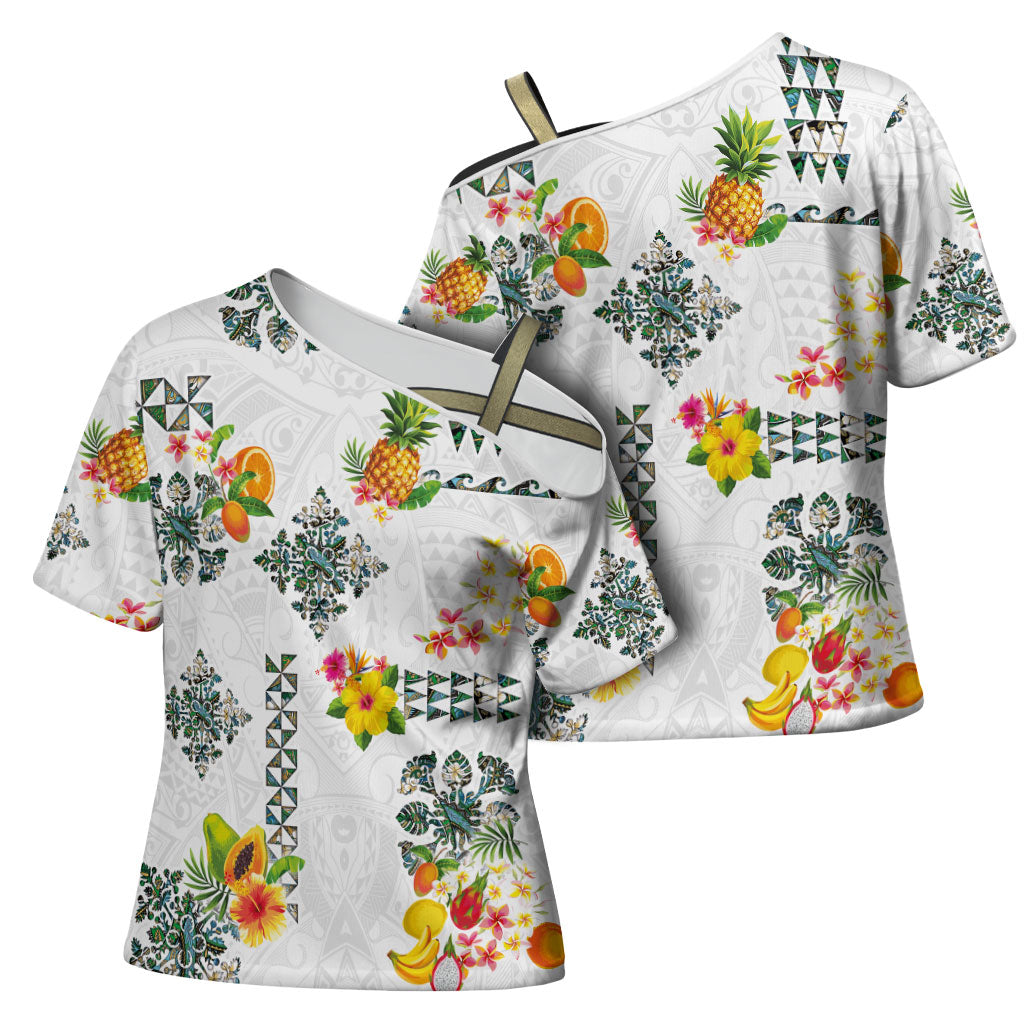 Hawaiian Quilts Cross Shoulder Shirt Tropical Fruits and Plants