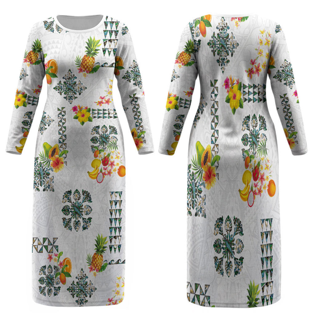 Hawaiian Quilts Family Matching Long Sleeve Bodycon Dress and Hawaiian Shirt Tropical Fruits and Plants