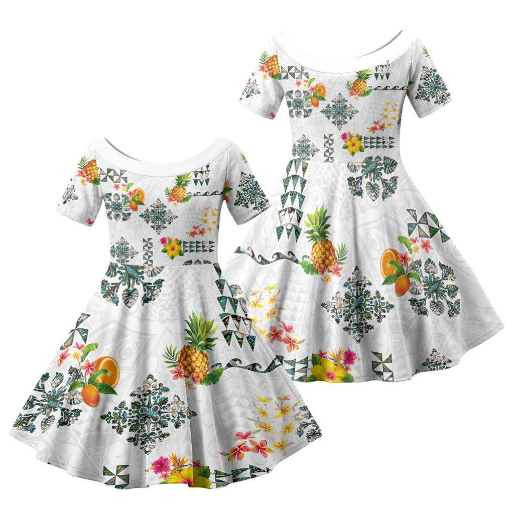 Hawaiian Quilts Family Matching Short Sleeve Bodycon Dress and Hawaiian Shirt Tropical Fruits and Plants