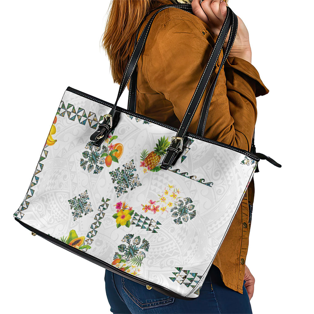 Hawaiian Quilts Leather Tote Bag Tropical Fruits and Plants