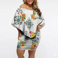 Hawaiian Quilts Off Shoulder Short Dress Tropical Fruits and Plants