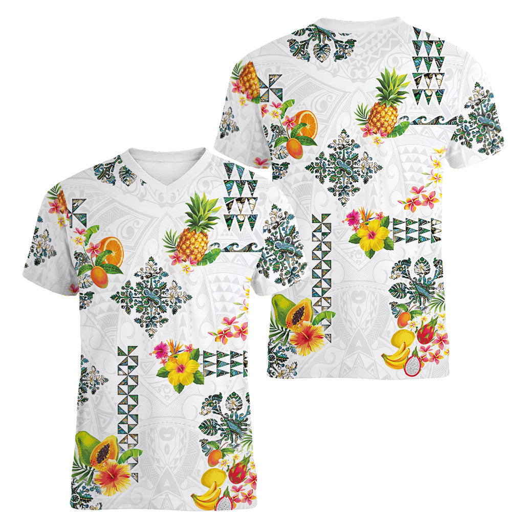 Hawaiian Quilts Women V-Neck T-Shirt Tropical Fruits and Plants