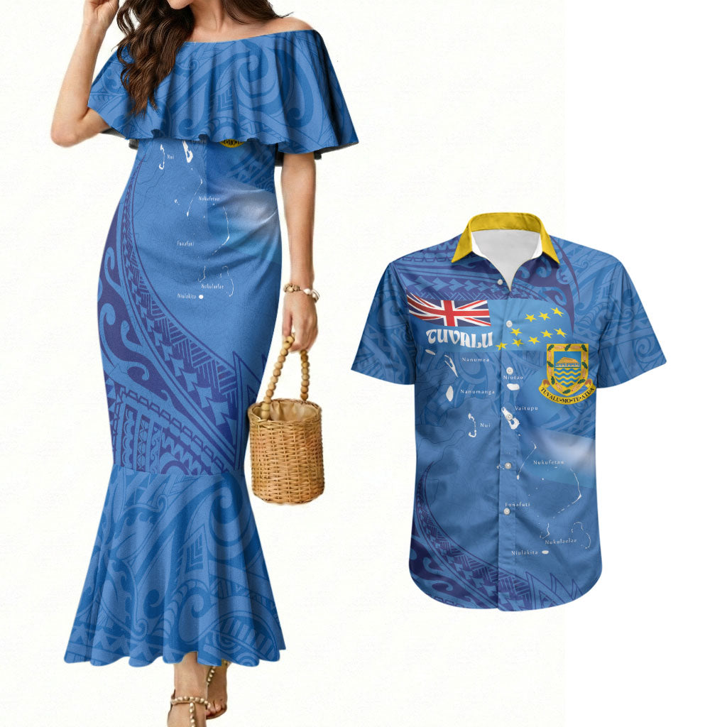 Tuvalu Heritage Couples Matching Mermaid Dress and Hawaiian Shirt Map of the Islands and Polynesia Pattern LT03 Blue - Polynesian Pride