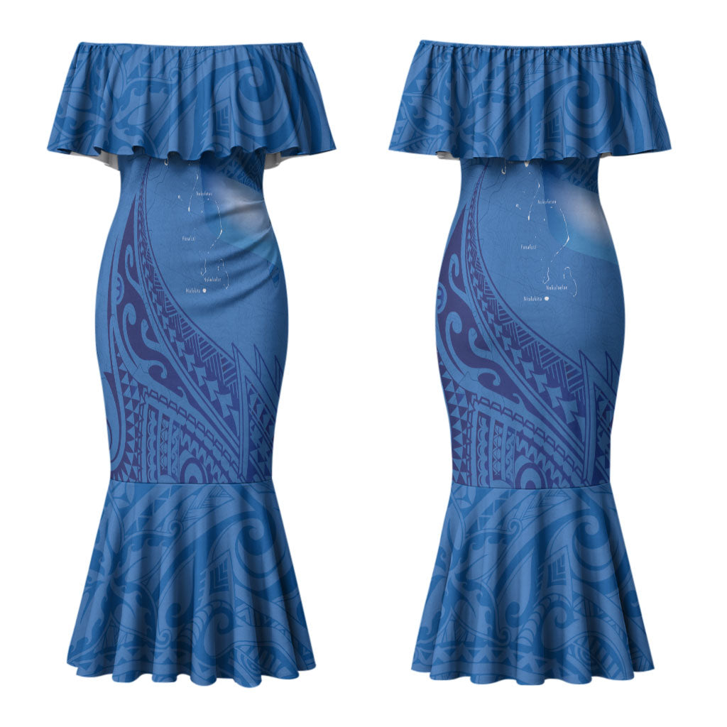 Tuvalu Heritage Couples Matching Mermaid Dress and Long Sleeve Button Shirt Map of the Islands and Polynesia Pattern