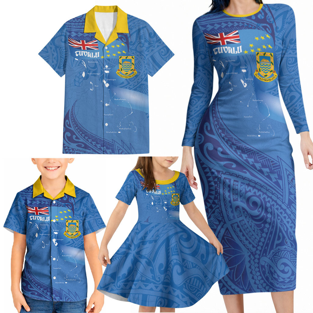 Tuvalu Heritage Family Matching Long Sleeve Bodycon Dress and Hawaiian Shirt Map of the Islands and Polynesia Pattern LT03 - Polynesian Pride