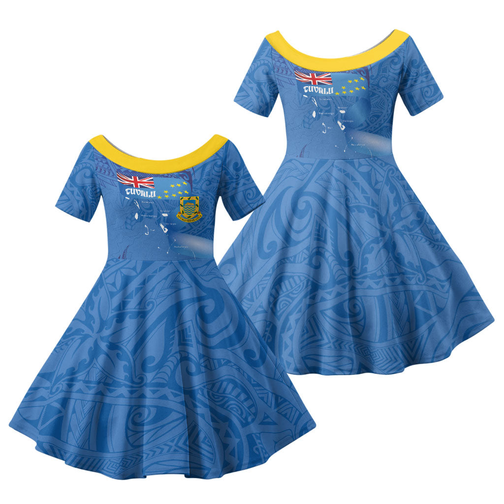 Tuvalu Heritage Family Matching Off Shoulder Maxi Dress and Hawaiian Shirt Map of the Islands and Polynesia Pattern