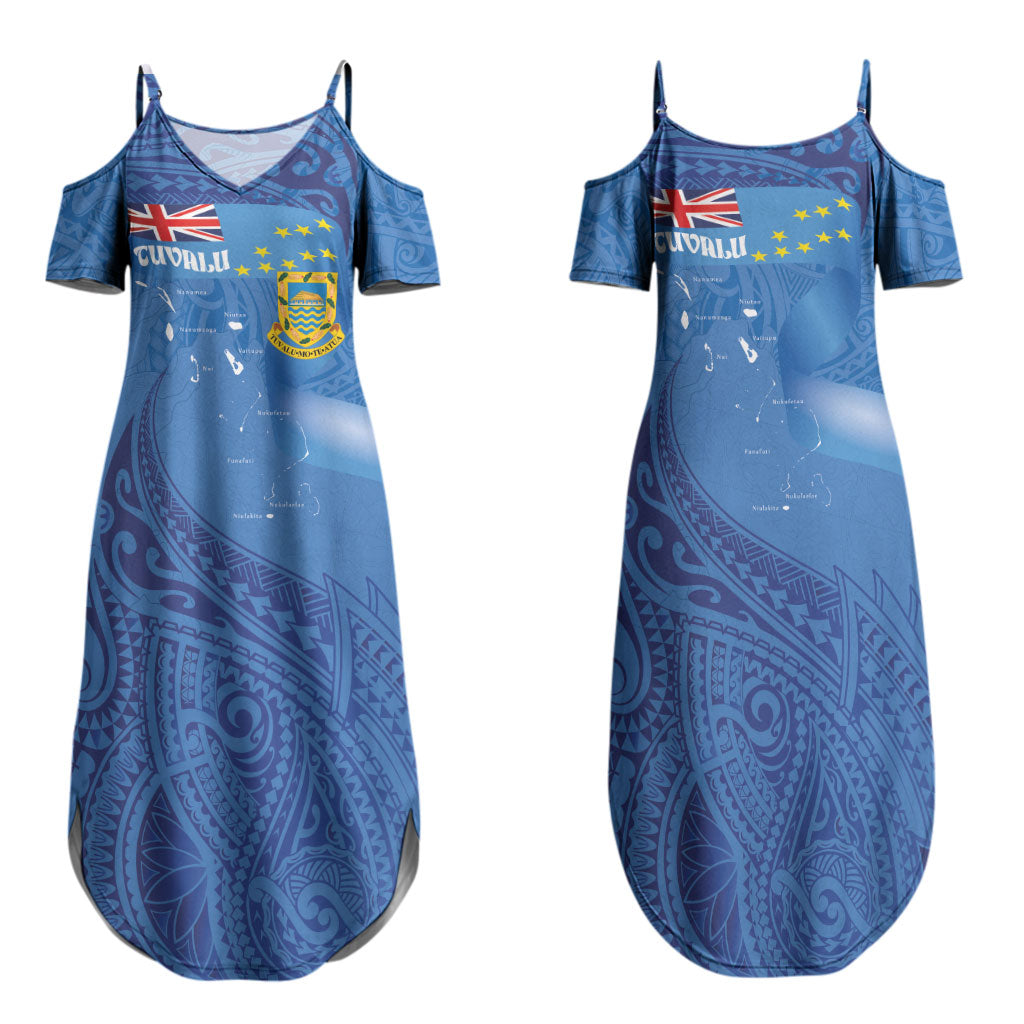 Tuvalu Heritage Family Matching Summer Maxi Dress and Hawaiian Shirt Map of the Islands and Polynesia Pattern