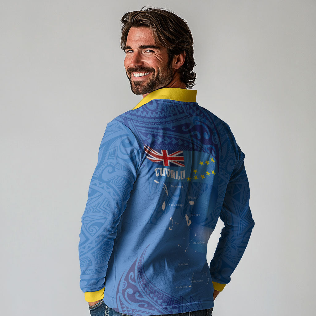 Tuvalu Heritage Long Sleeve Polo Shirt Map of the Islands and Polynesia Pattern
