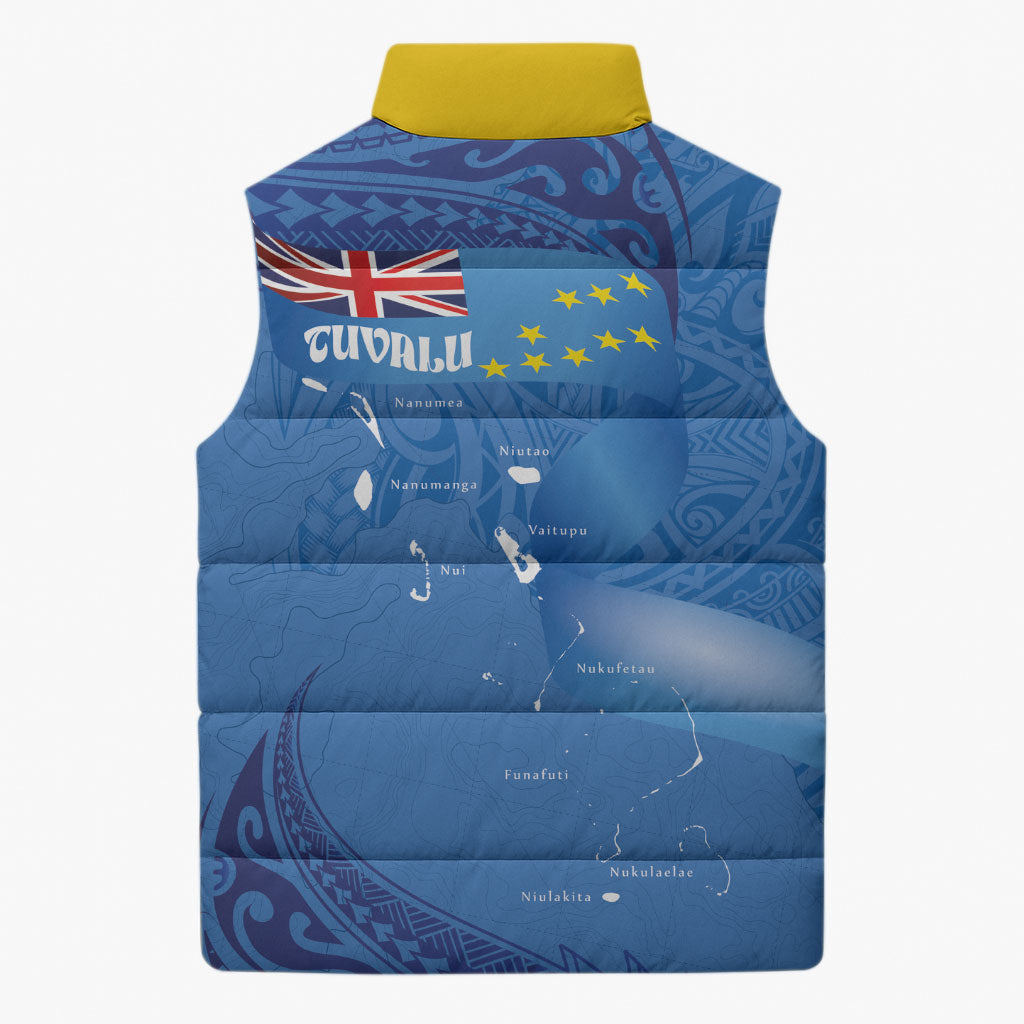Tuvalu Heritage Sleeveless Puffer Jacket Map of the Islands and Polynesia Pattern