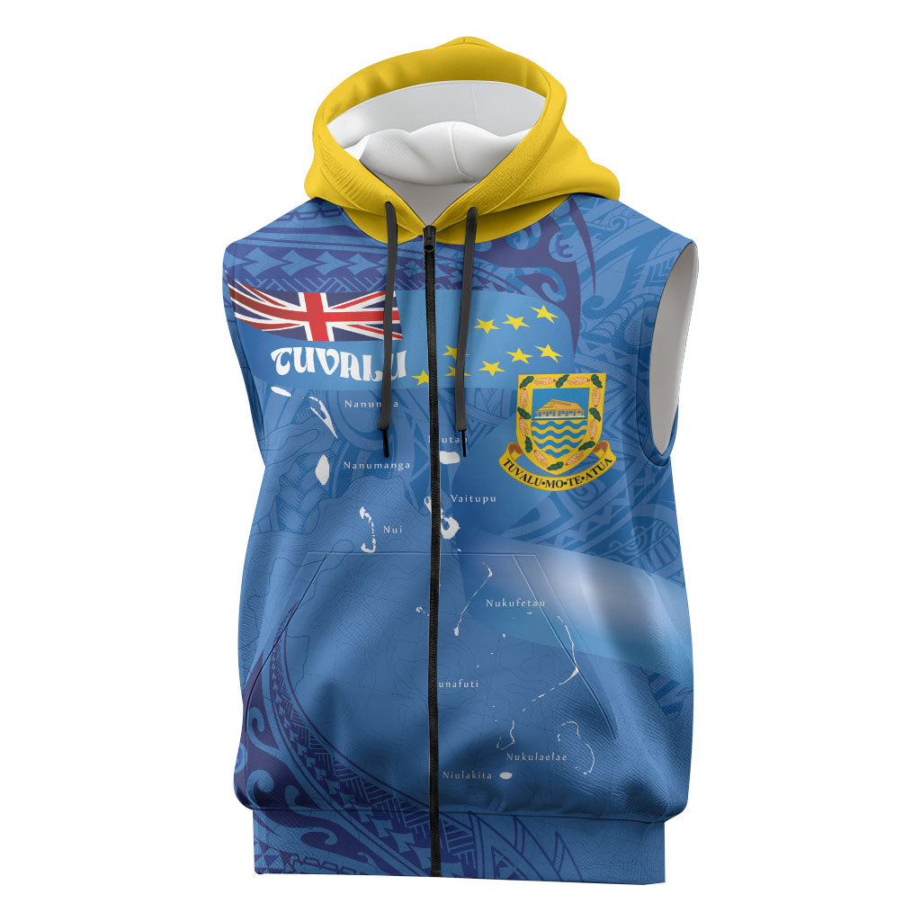 Tuvalu Heritage Sleeveless Zip Hoodie Map of the Islands and Polynesia Pattern LT03 Blue - Polynesian Pride