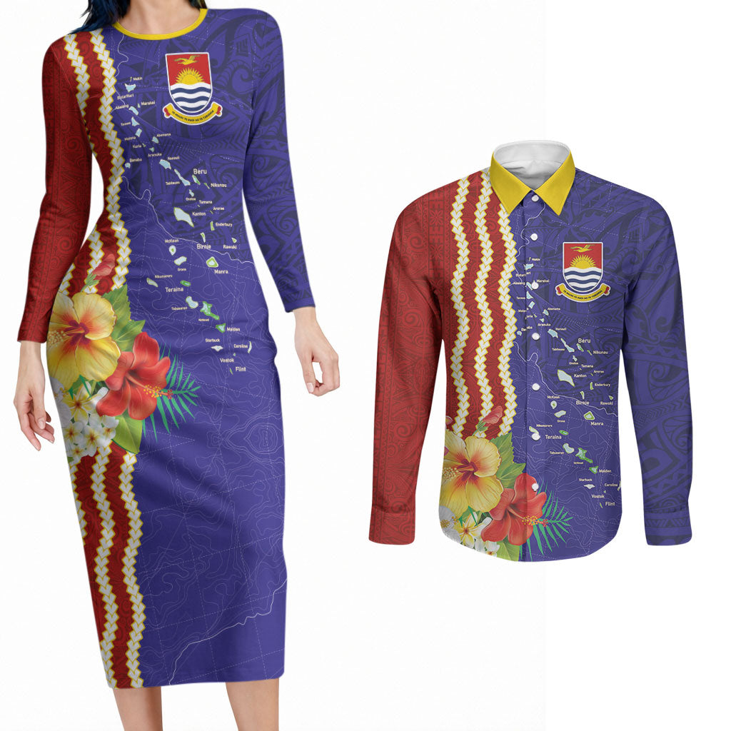 Kiribati Heritage Couples Matching Long Sleeve Bodycon Dress and Long Sleeve Button Shirt Map of the Islands and Polynesia Pattern