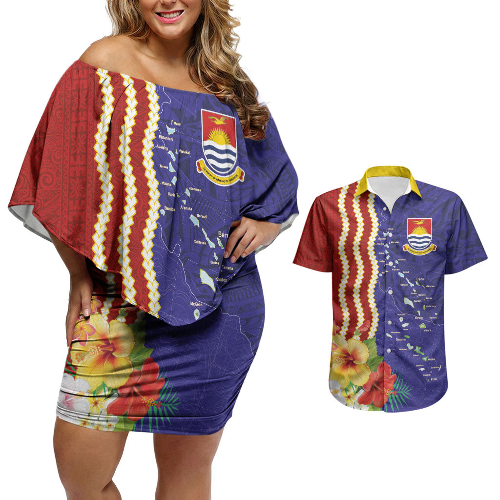 Kiribati Heritage Couples Matching Off Shoulder Short Dress and Hawaiian Shirt Map of the Islands and Polynesia Pattern