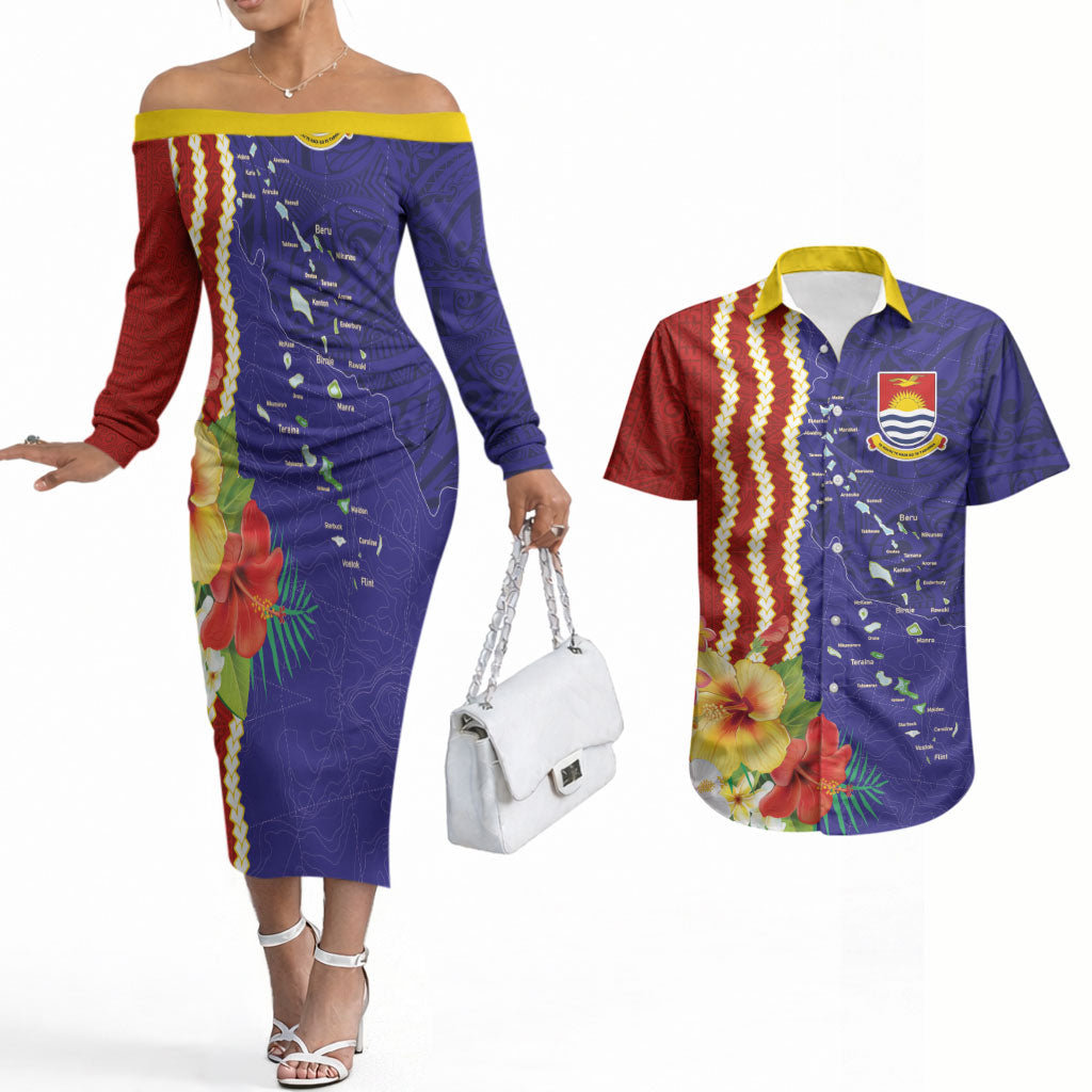 Kiribati Heritage Couples Matching Off The Shoulder Long Sleeve Dress and Hawaiian Shirt Map of the Islands and Polynesia Pattern LT03 Multicolor - Polynesian Pride
