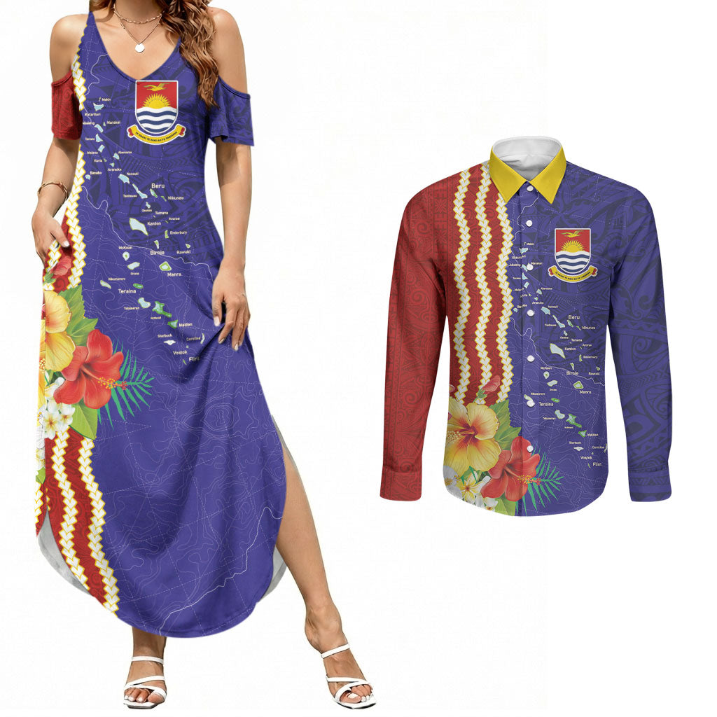 Kiribati Heritage Couples Matching Summer Maxi Dress and Long Sleeve Button Shirt Map of the Islands and Polynesia Pattern