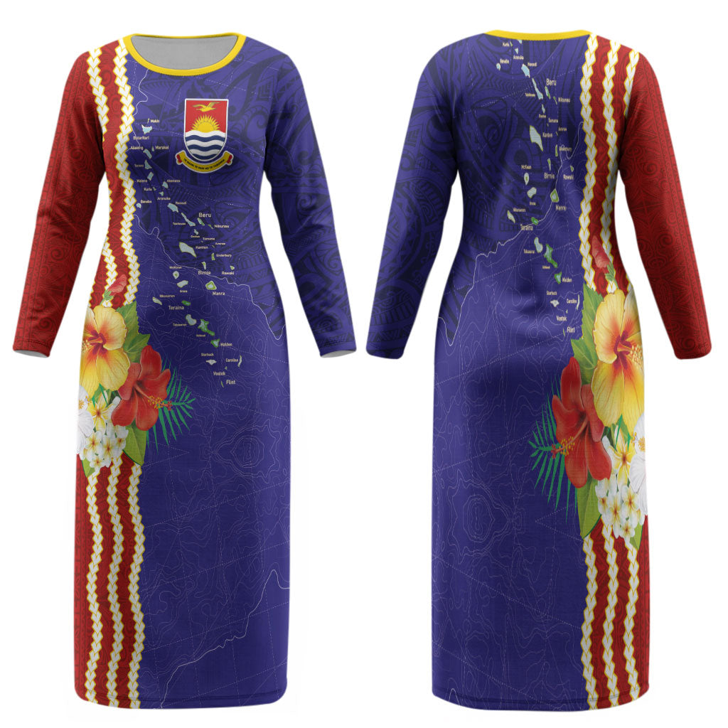 Kiribati Heritage Family Matching Long Sleeve Bodycon Dress and Hawaiian Shirt Map of the Islands and Polynesia Pattern