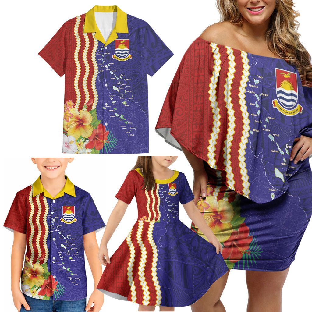 Kiribati Heritage Family Matching Off Shoulder Short Dress and Hawaiian Shirt Map of the Islands and Polynesia Pattern