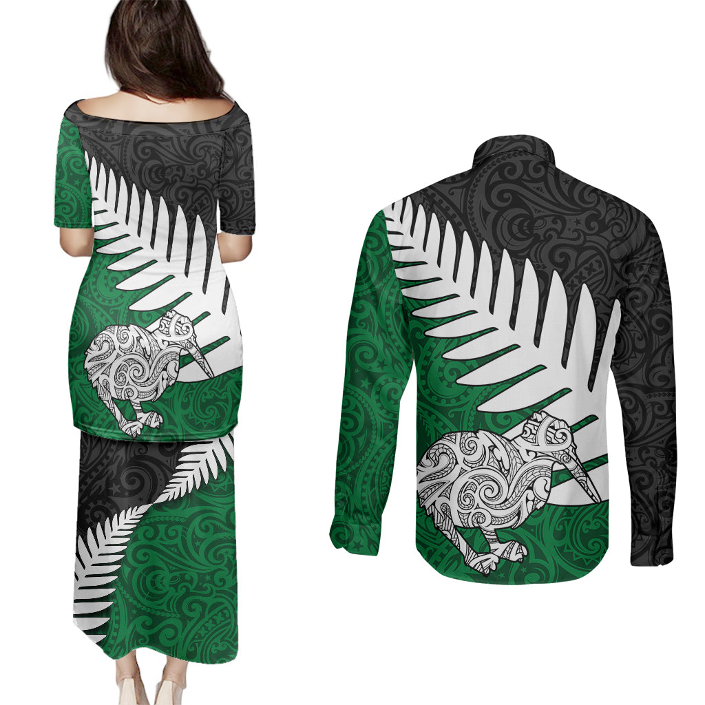 Aotearoa New Zealand Couples Matching Puletasi Dress and Long Sleeve Button Shirts Silver Fern Kiwi Bird and NZ Map with Maori Tribal Green Style LT03 - Polynesian Pride