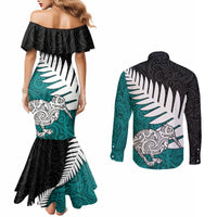 Aotearoa New Zealand Couples Matching Mermaid Dress and Long Sleeve Button Shirts Silver Fern Kiwi Bird and NZ Map with Maori Tribal Turquoise Style LT03 - Polynesian Pride