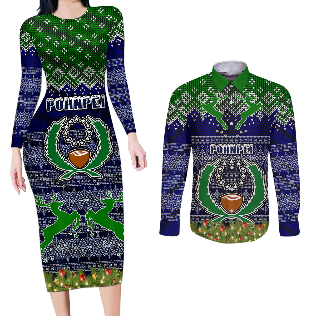 Personalised Pohnpei State Christmas Couples Matching Long Sleeve Bodycon Dress and Long Sleeve Button Shirts Coat of Arms Beautiful Merry Xmas Snowflake LT03 Blue - Polynesian Pride