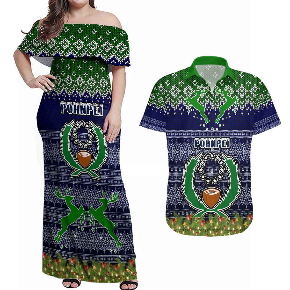 Personalised Pohnpei State Christmas Couples Matching Off Shoulder Maxi Dress and Hawaiian Shirt Coat of Arms Beautiful Merry Xmas Snowflake LT03 Blue - Polynesian Pride