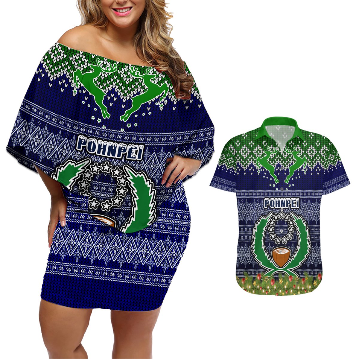 Personalised Pohnpei State Christmas Couples Matching Off Shoulder Short Dress and Hawaiian Shirt Coat of Arms Beautiful Merry Xmas Snowflake LT03 Blue - Polynesian Pride
